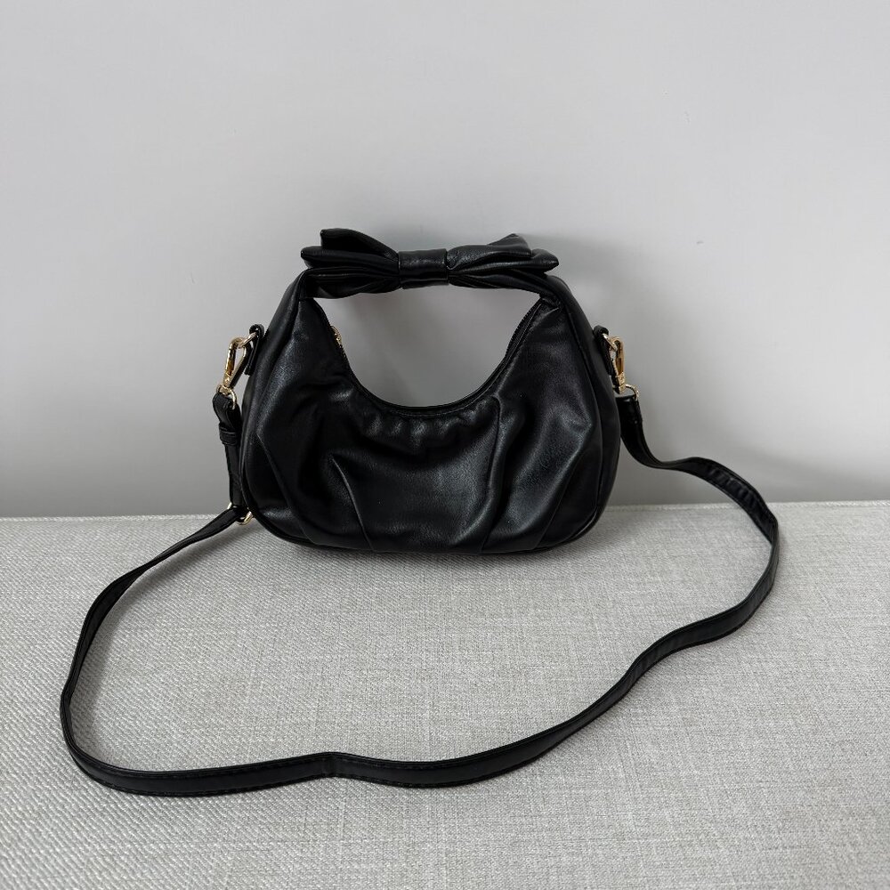 Like Dreams Faux Leather Black Purse Bag with Bow Accent and Crossbody Strap